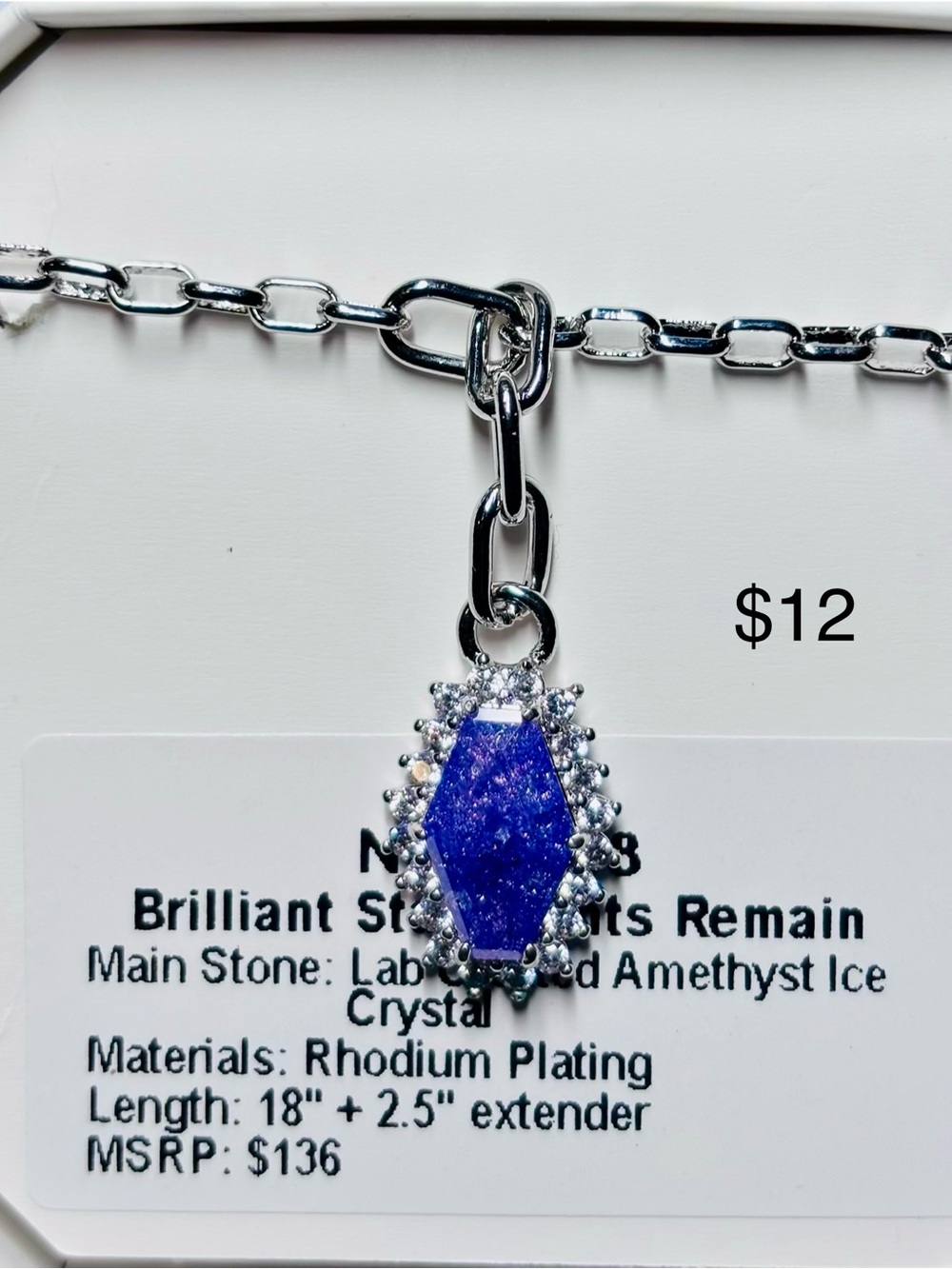 Blue Amethyst Ice Crystal Pendant Necklace — Rhodium-Plated